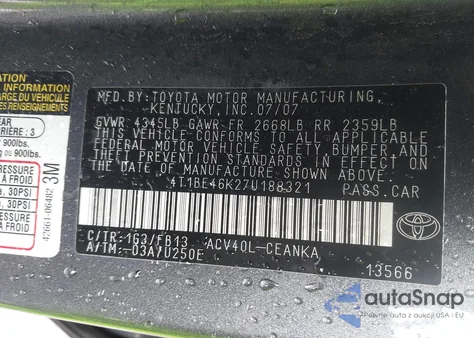 2007 Toyota Camry Le z USA, uszkodzony, nr VIN 4T1BE46K27U188321